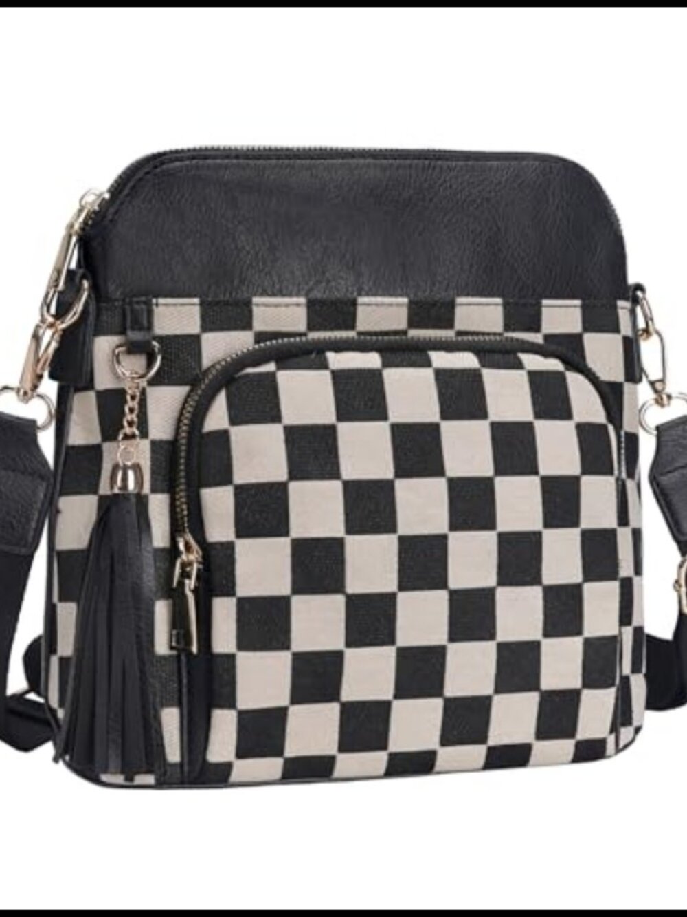 Checkered Crossbody Bag PU Leather Canvas Tassel Plaid Shoulder Handbag